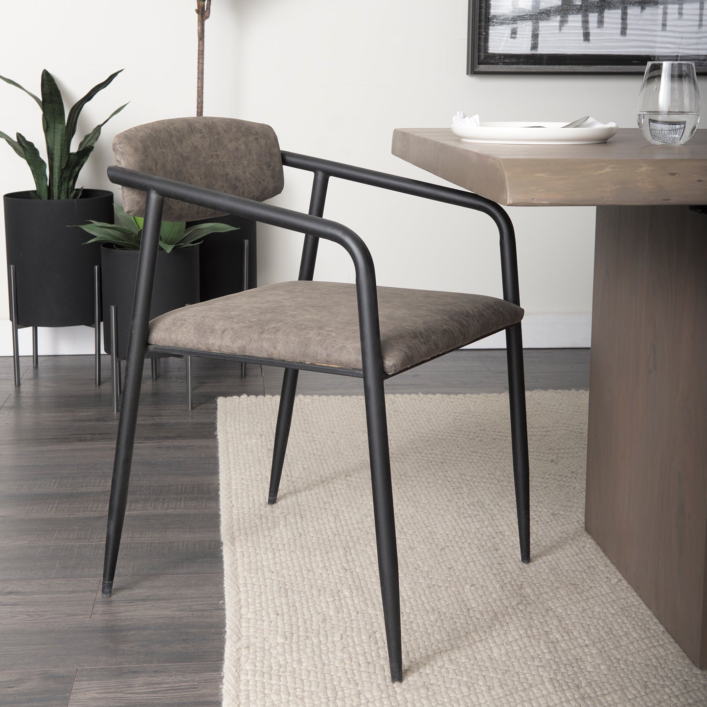 Langston Brown Faux-Leather Seat Black Iron Frame Dining Chair