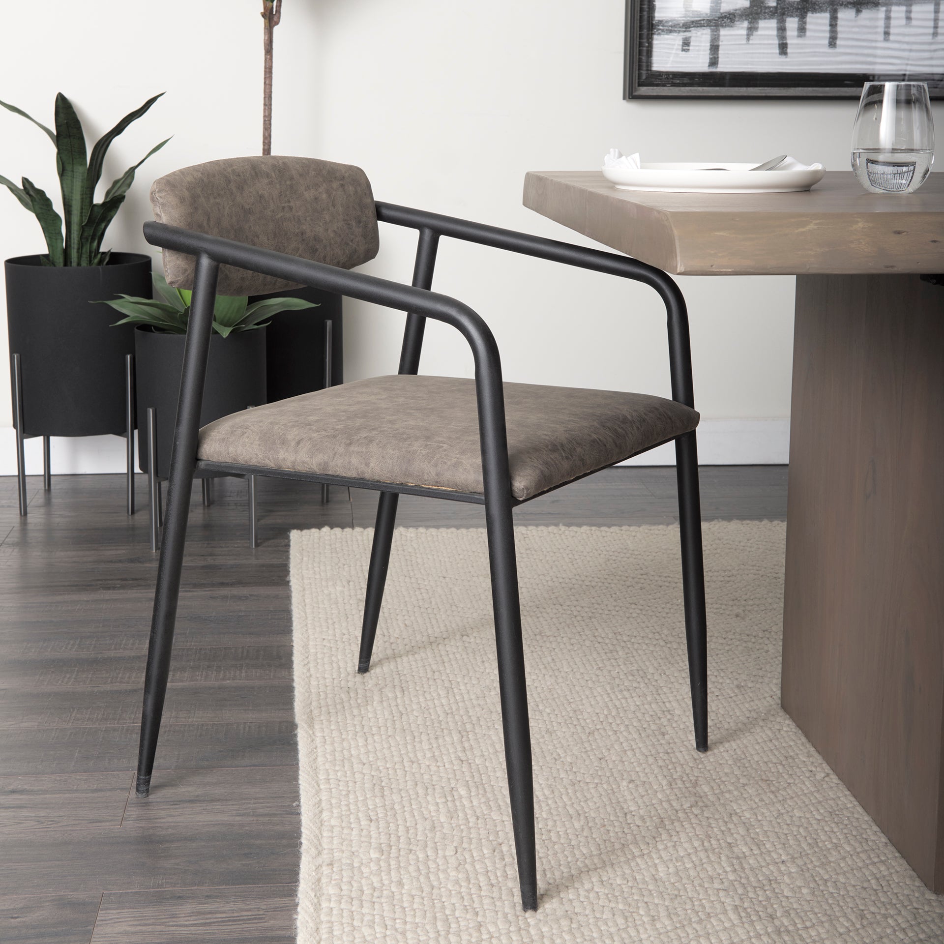 Langston Brown Faux-Leather Seat Black Iron Frame Dining Chair