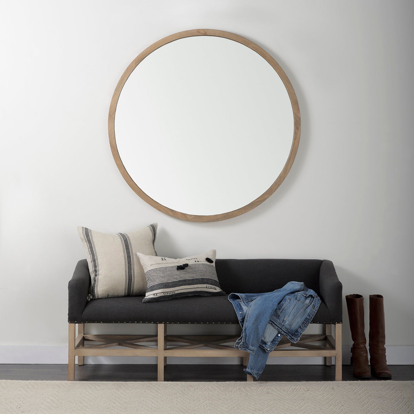 Bergen 60.0L x 19.0W x 25.5H Dark Gray Fabric W/ Light Brown Wooden Base Accent Bench