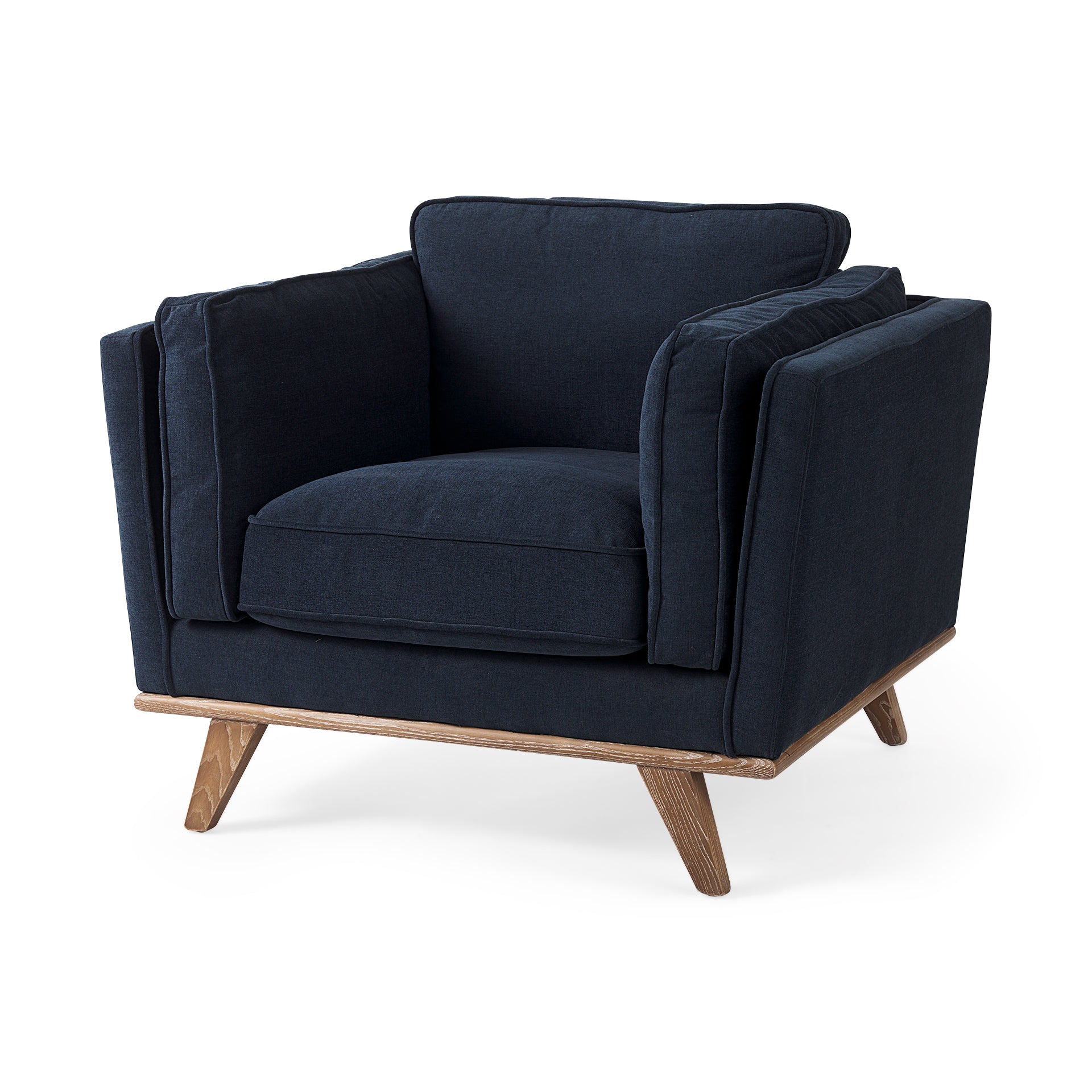 Brooks 41.7L x 34.8W x 33.5H Navy Blue Fabric Chair W/ Medium Brown Wooden Legs