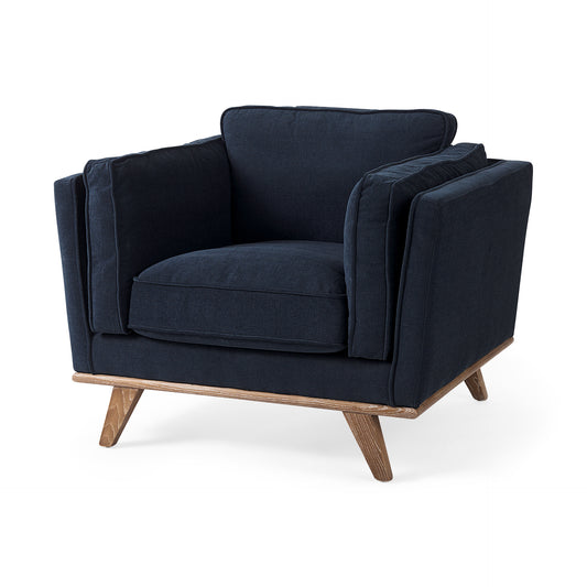 Brooks 41.7L x 34.8W x 33.5H Navy Blue Fabric Chair W/ Medium Brown Wooden Legs