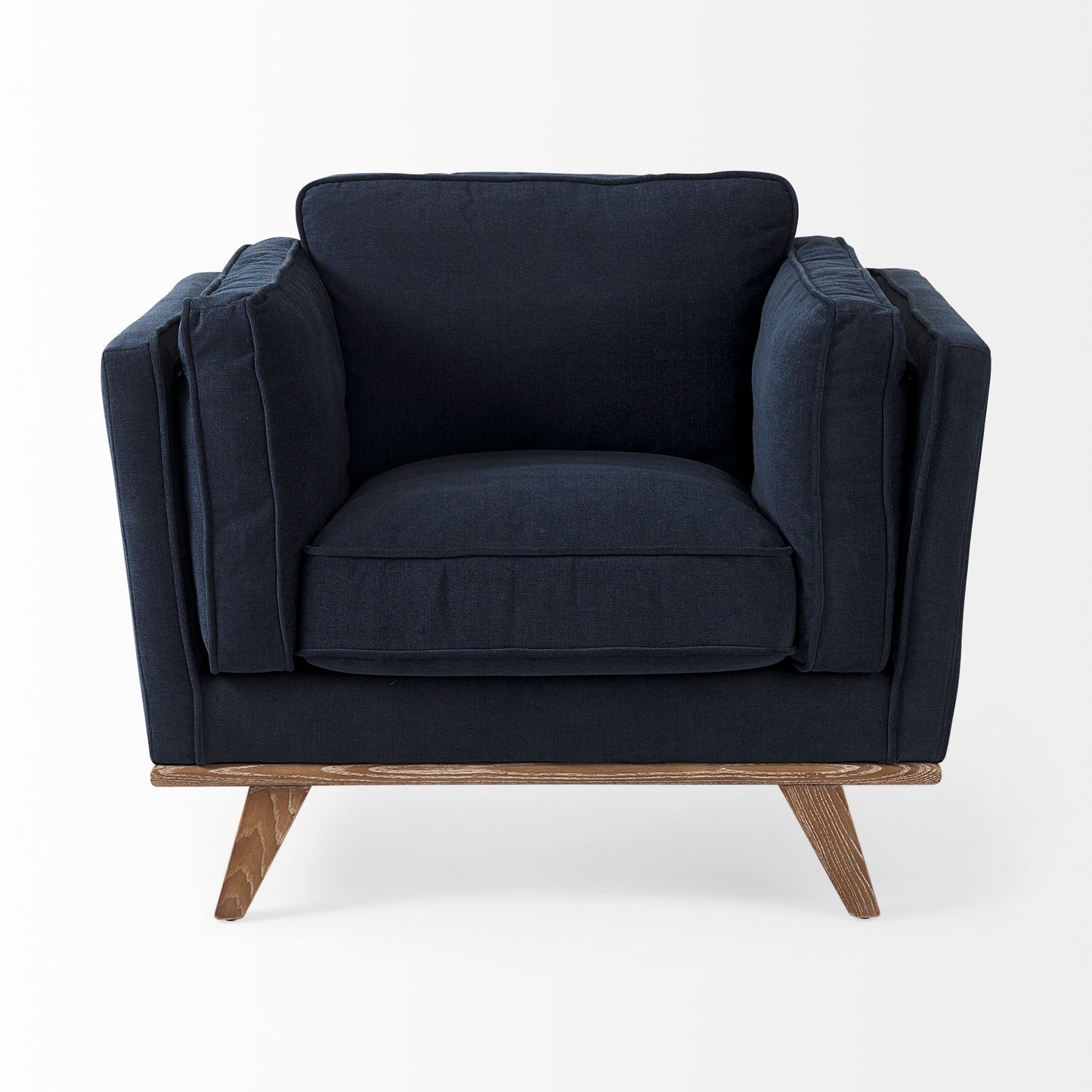 Brooks 41.7L x 34.8W x 33.5H Navy Blue Fabric Chair W/ Medium Brown Wooden Legs
