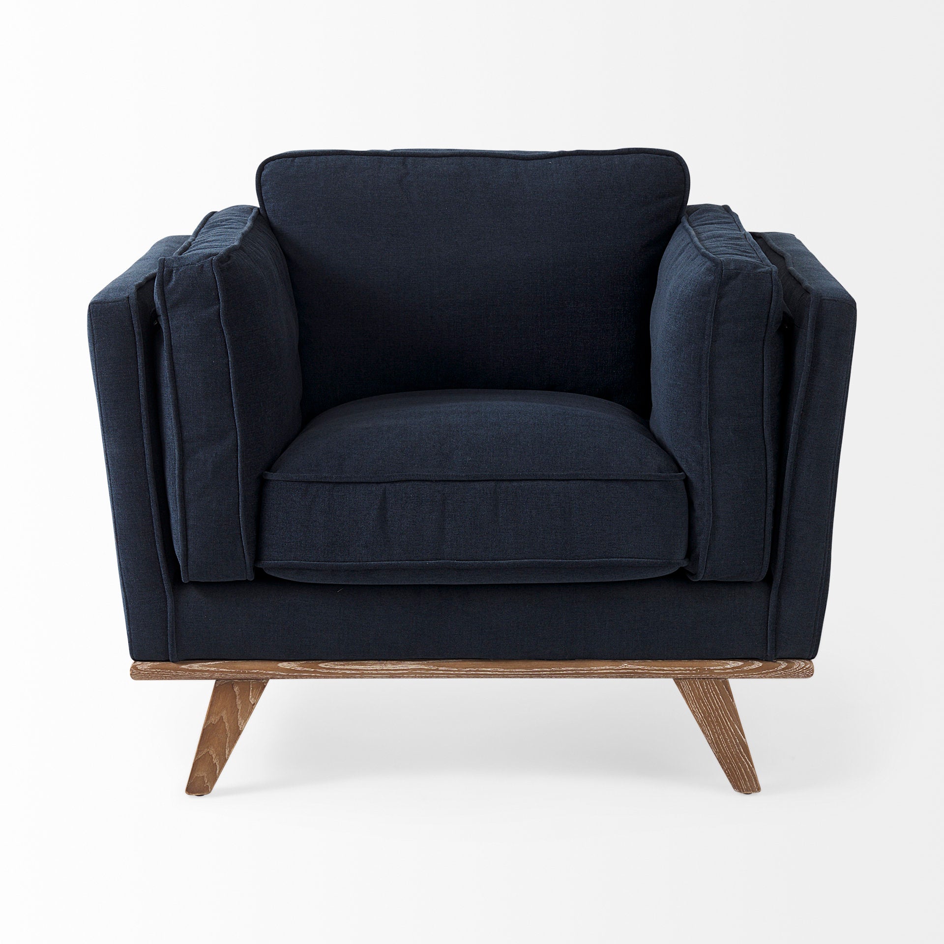 Brooks 41.7L x 34.8W x 33.5H Navy Blue Fabric Chair W/ Medium Brown Wooden Legs
