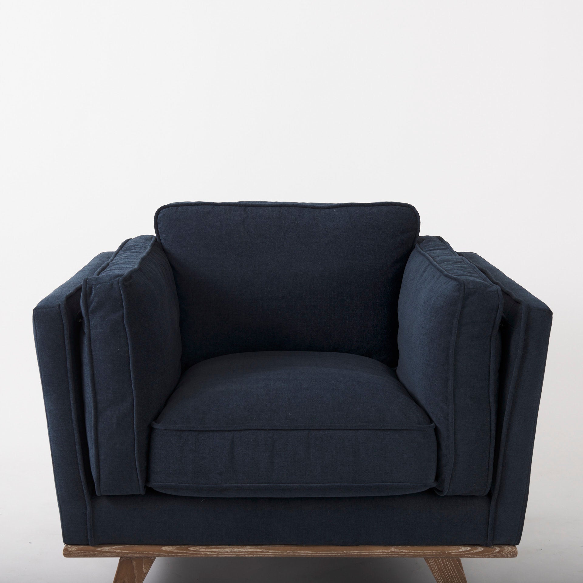 Brooks 41.7L x 34.8W x 33.5H Navy Blue Fabric Chair W/ Medium Brown Wooden Legs