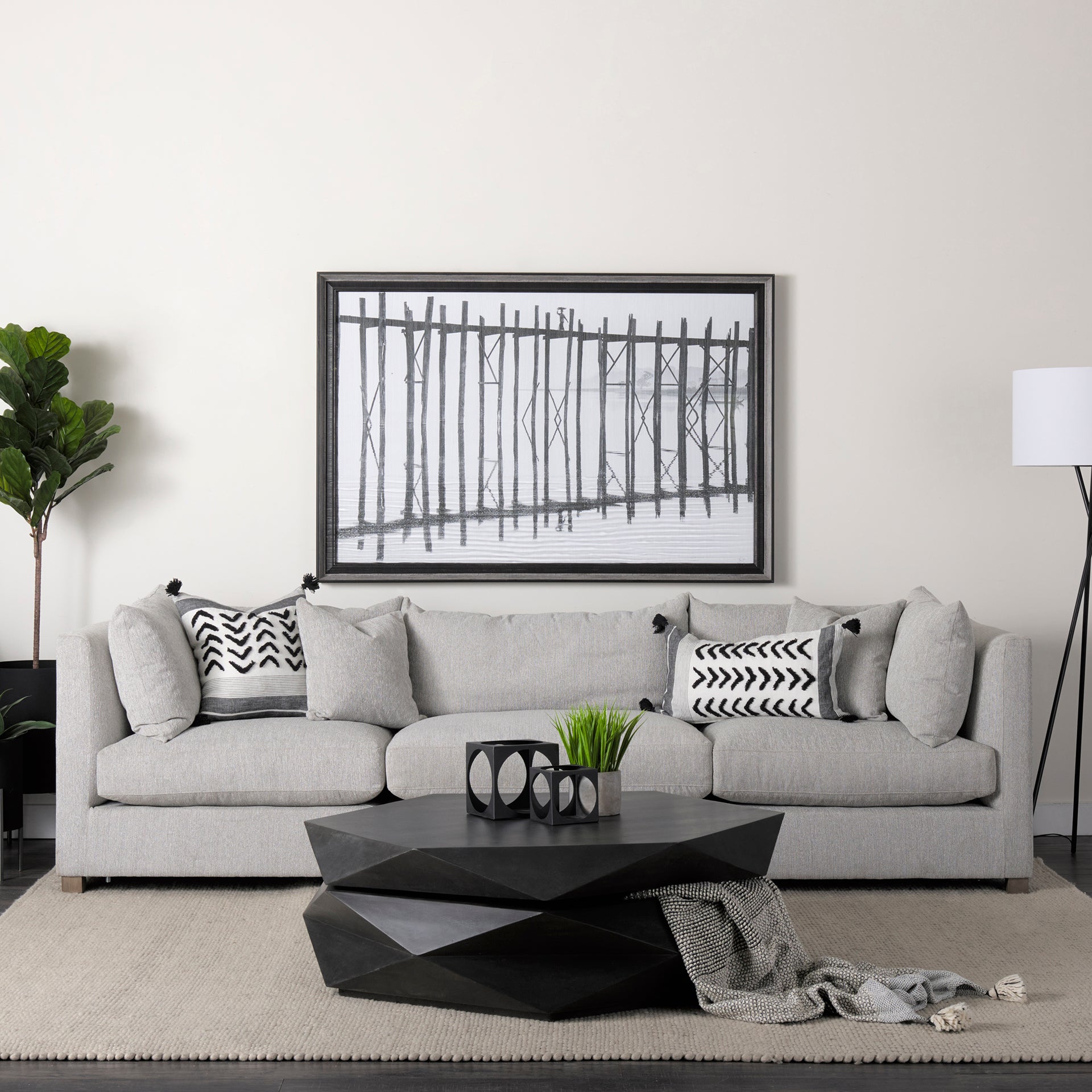 Kimia 14x26 White/Black Fabric Herringbone w/Fringed Pillow Cover