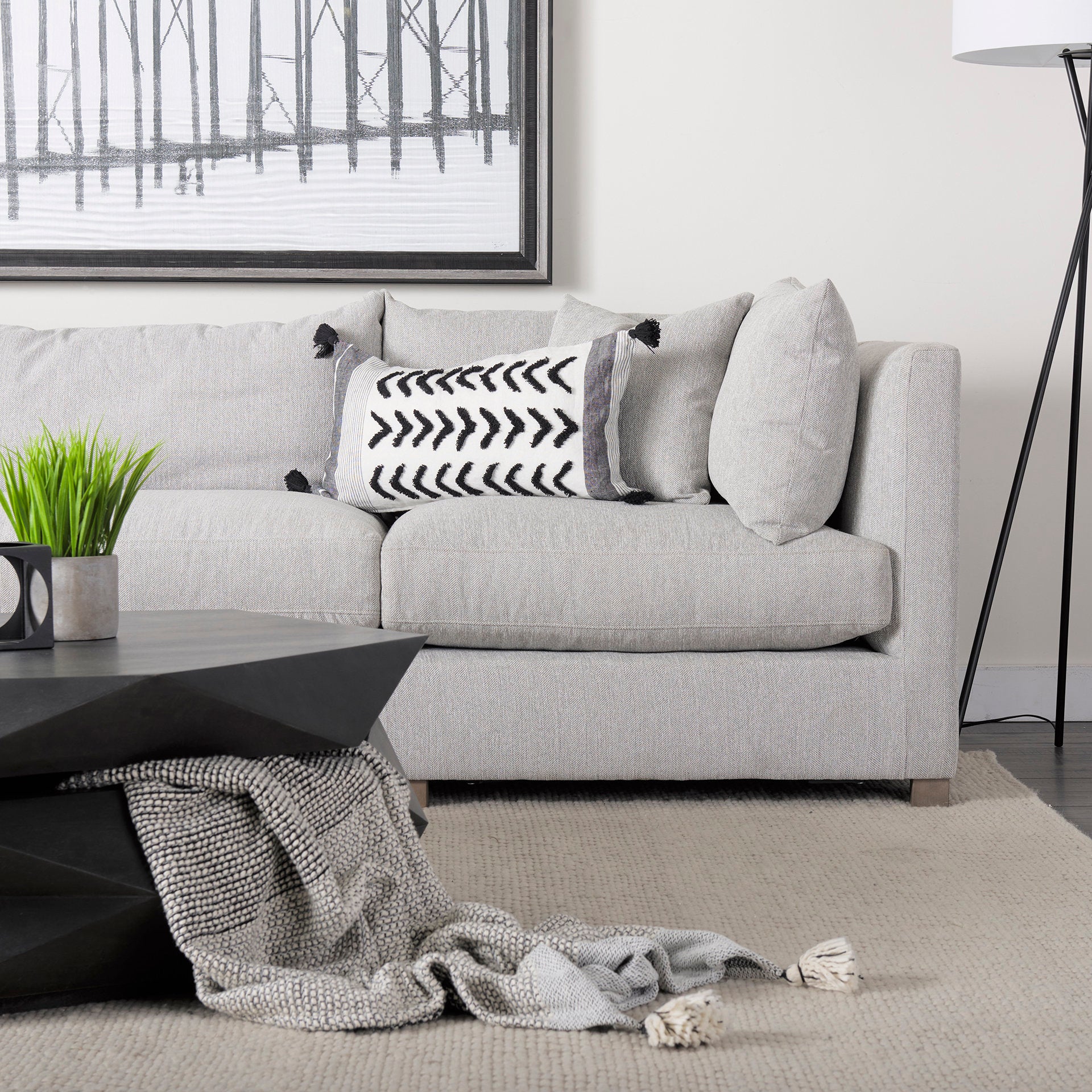 Kimia 14x26 White/Black Fabric Herringbone w/Fringed Pillow Cover