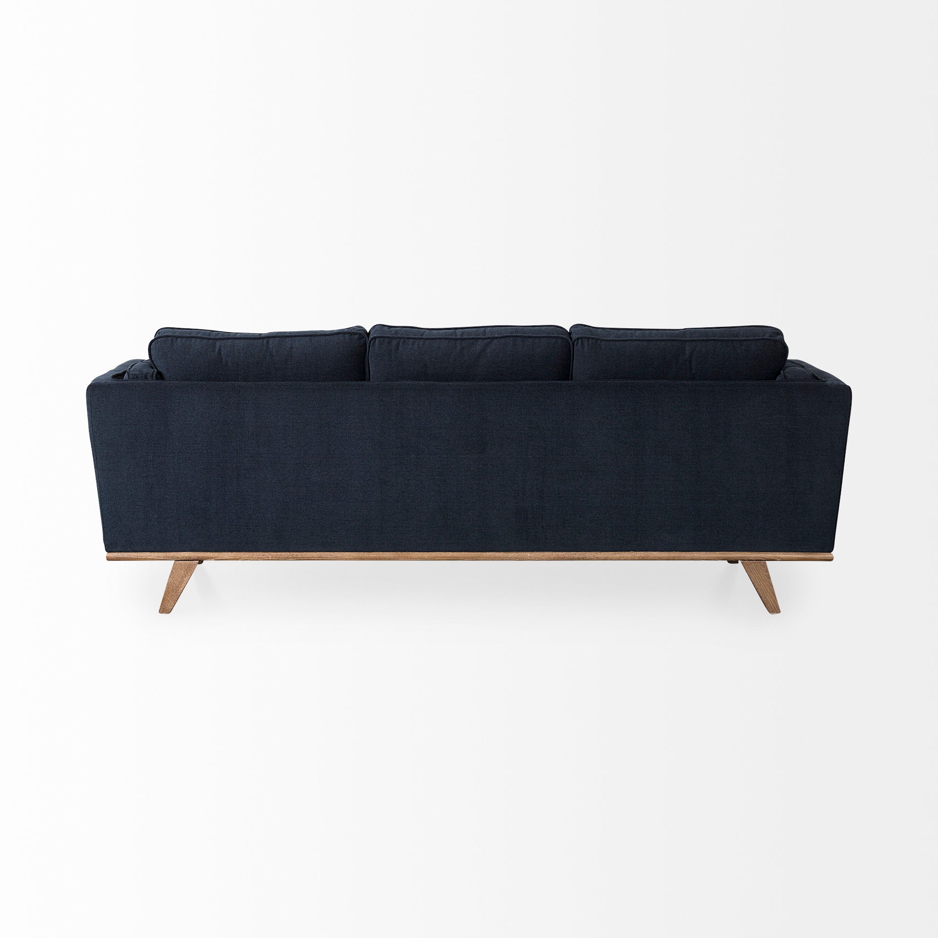 Brooks 90.2L x 34.8W x 33.5H Navy Blue Fabric Three Seater Sofa W/ Medium Brown Wooden Legs