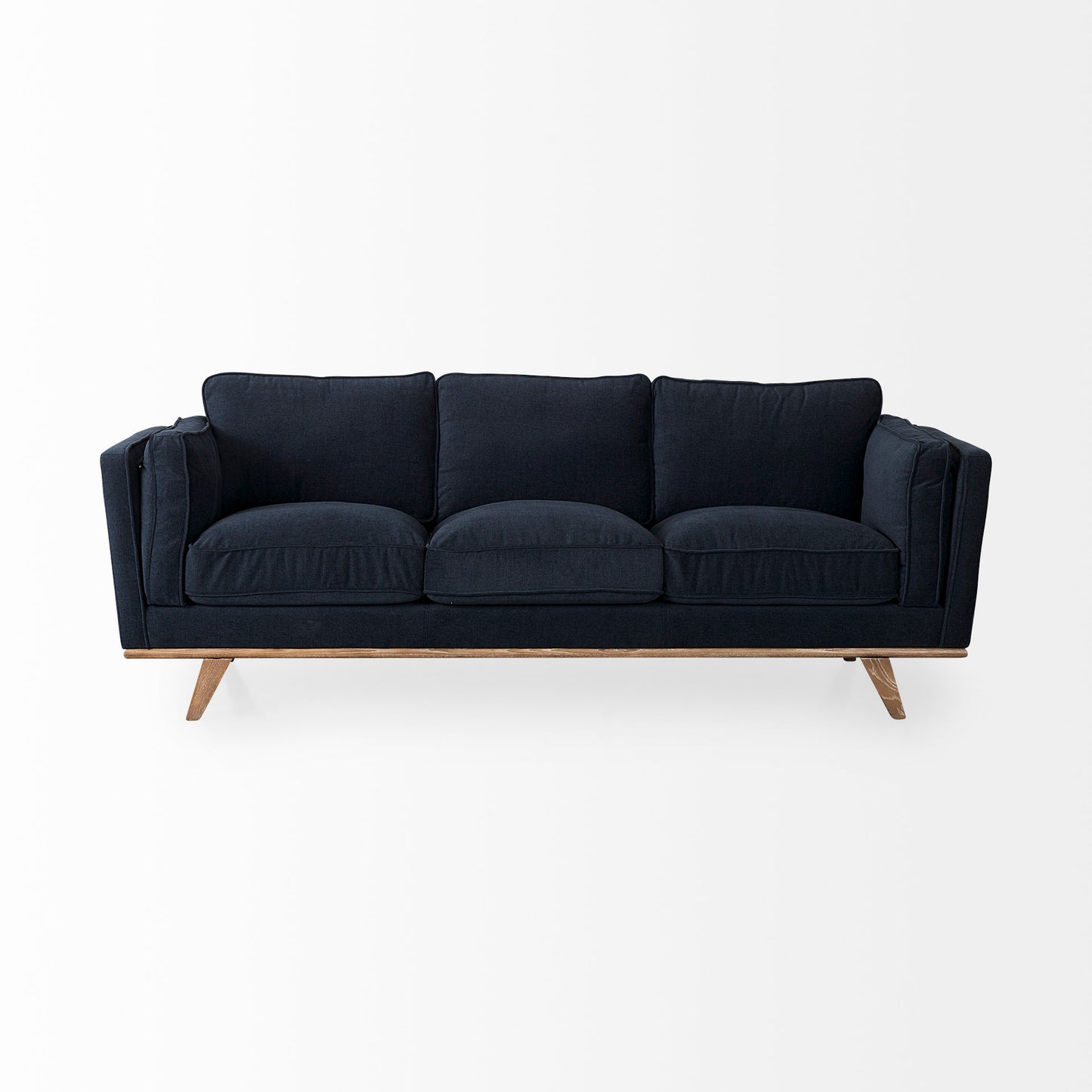 Brooks 90.2L x 34.8W x 33.5H Navy Blue Fabric Three Seater Sofa W/ Medium Brown Wooden Legs