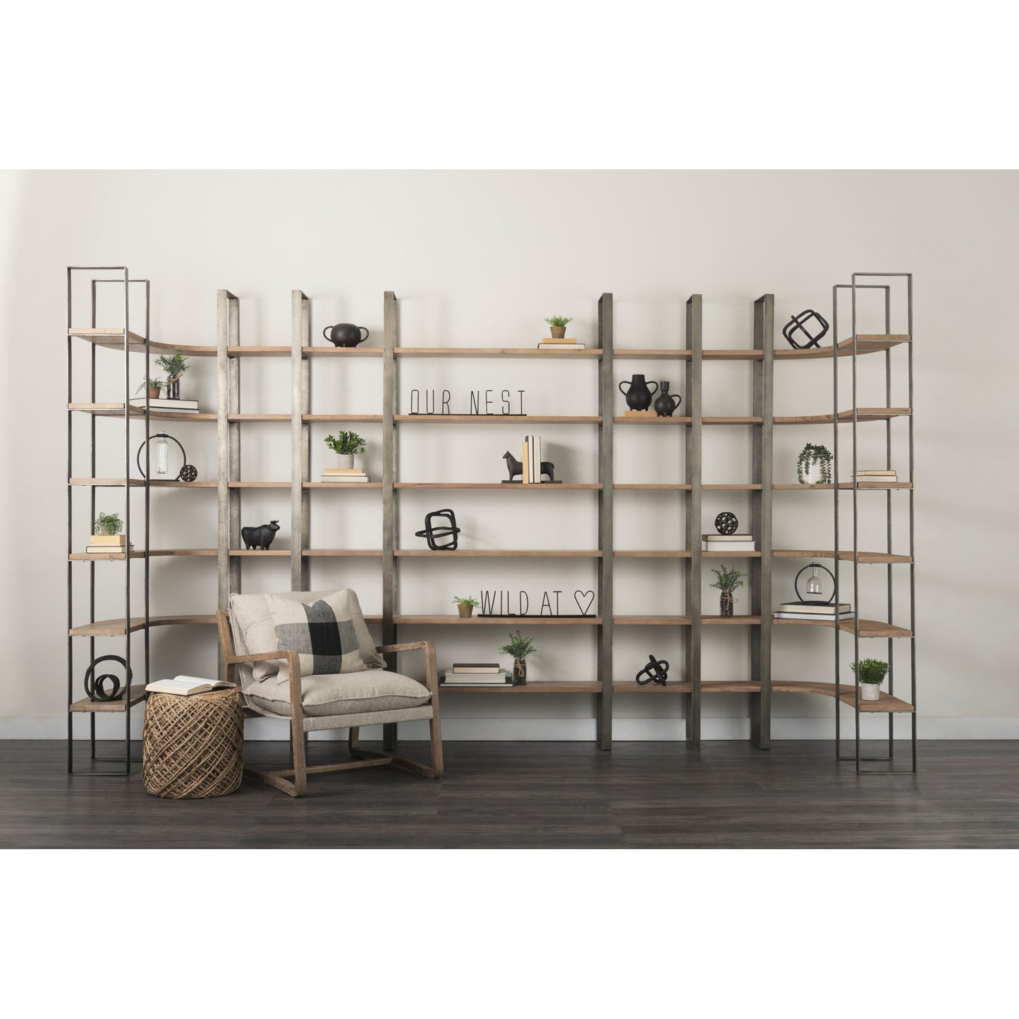 Taunton 80L x 10.5W x 90H Medium Brown Wood W/ Antique Nickel Metal Frame 6 Tier Shelving Unit