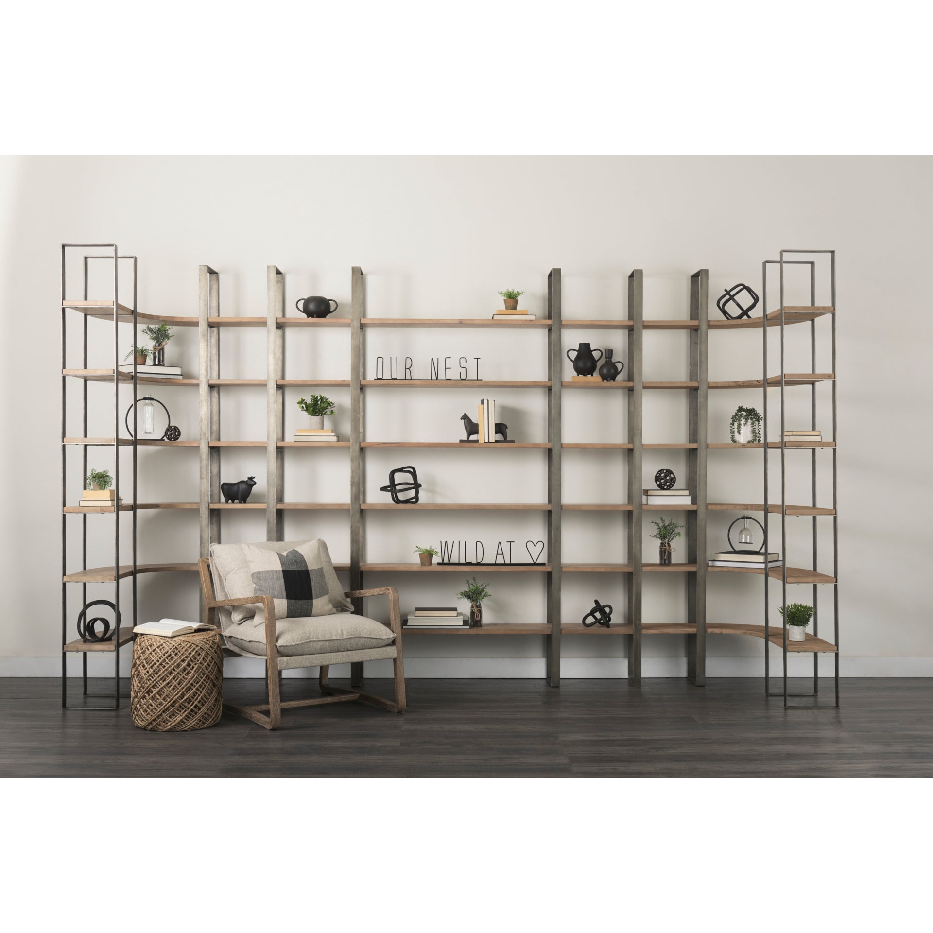 Taunton 80L x 10.5W x 90H Medium Brown Wood W/ Antique Nickel Metal Frame 6 Tier Shelving Unit