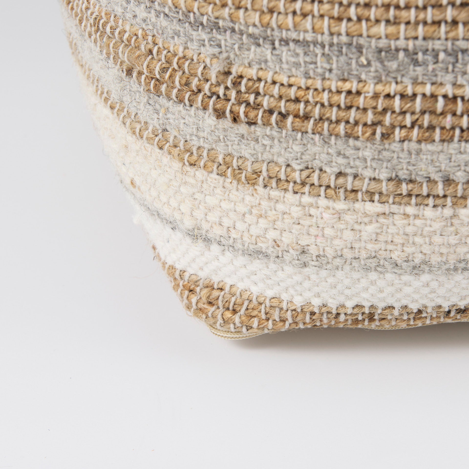 Aahana 16.0L x 16.0W x 16.0H White/Taupe/Gray Striped Hemp and Cotton Pouf