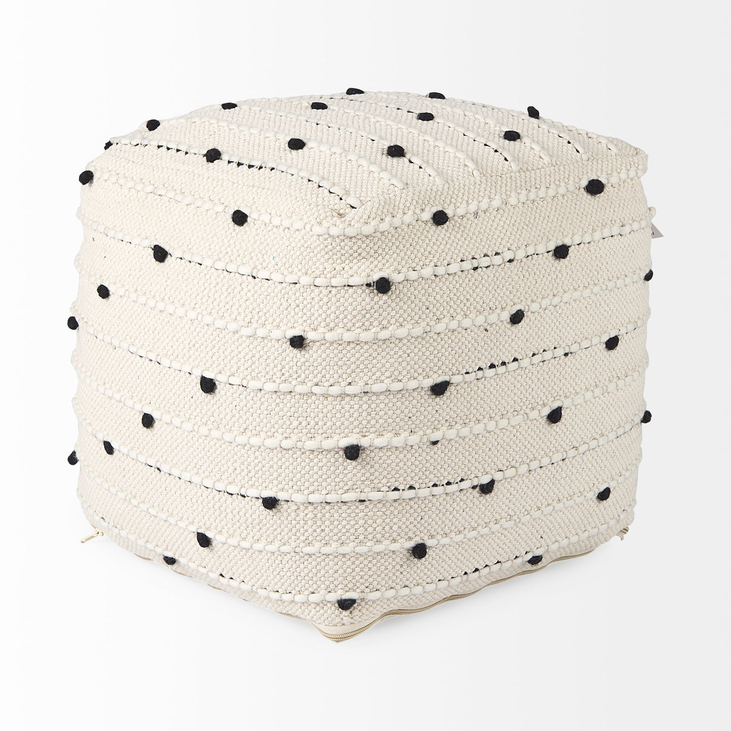 Amaira 16.0L x 16.0W x 16.0H Cream/Black/White patterned Wool and Cotton Pouf