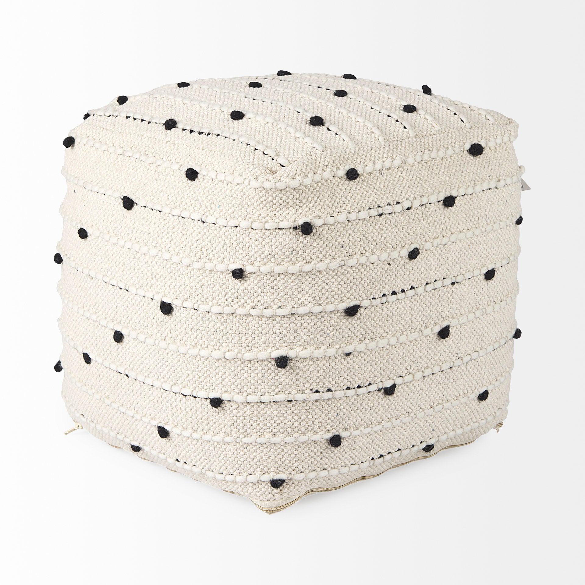 Amaira 16.0L x 16.0W x 16.0H Cream/Black/White patterned Wool and Cotton Pouf