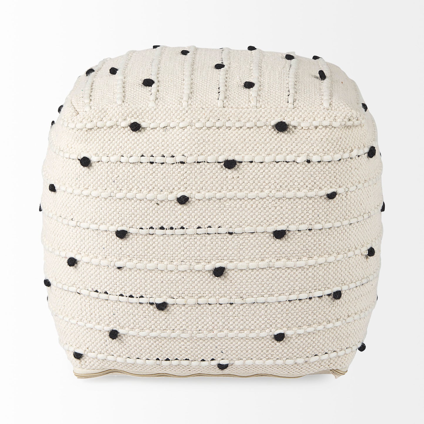 Amaira 16.0L x 16.0W x 16.0H Cream/Black/White patterned Wool and Cotton Pouf