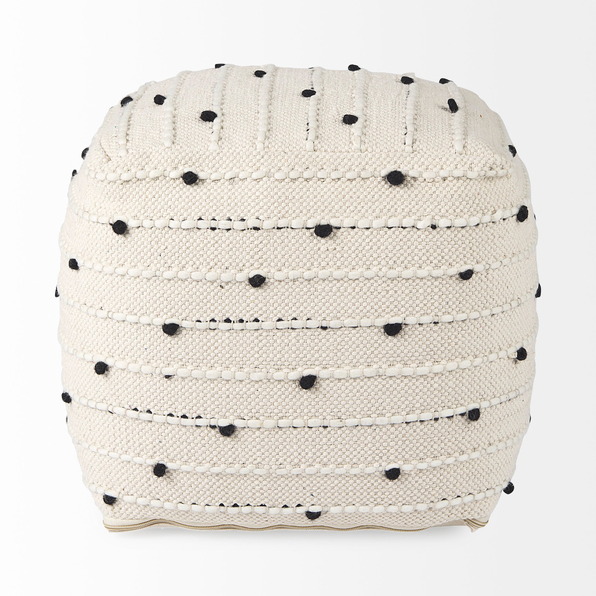 Amaira 16.0L x 16.0W x 16.0H Cream/Black/White patterned Wool and Cotton Pouf