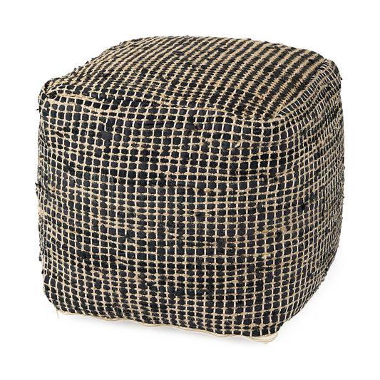 Aalia 16.0L x 16.0W x 16.0H Charcoal Leather and Jute Pouf
