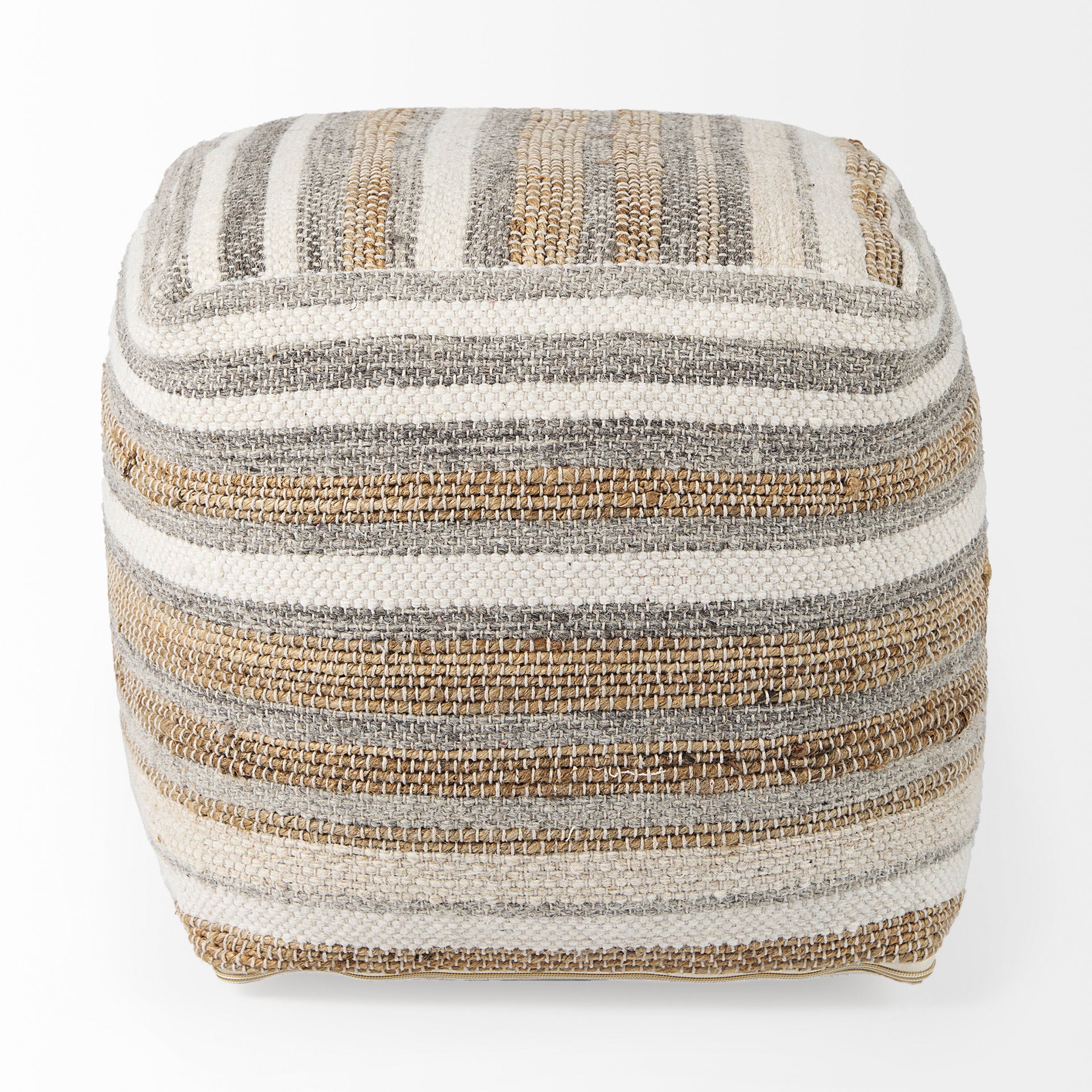 Aahana 16.0L x 16.0W x 16.0H White/Taupe/Gray Striped Hemp and Cotton Pouf