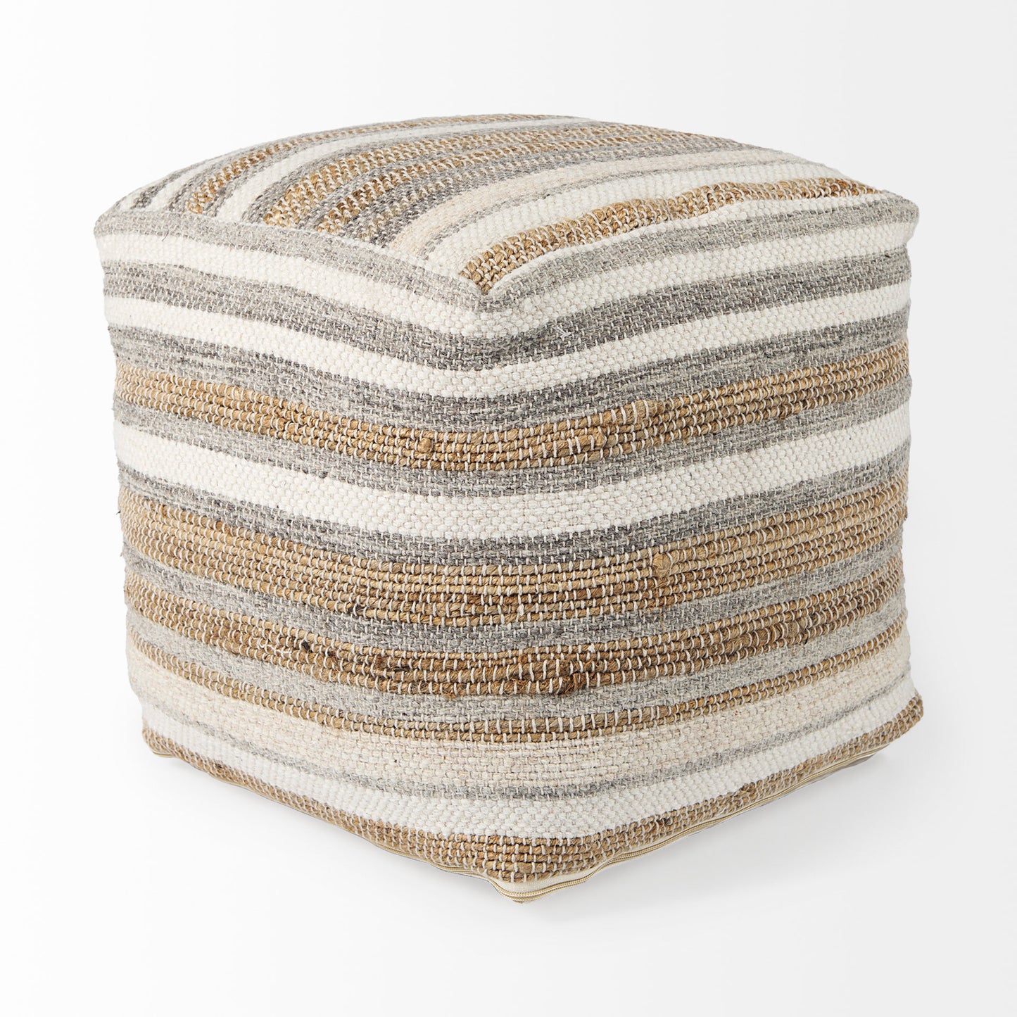 Aahana 16.0L x 16.0W x 16.0H White/Taupe/Gray Striped Hemp and Cotton Pouf