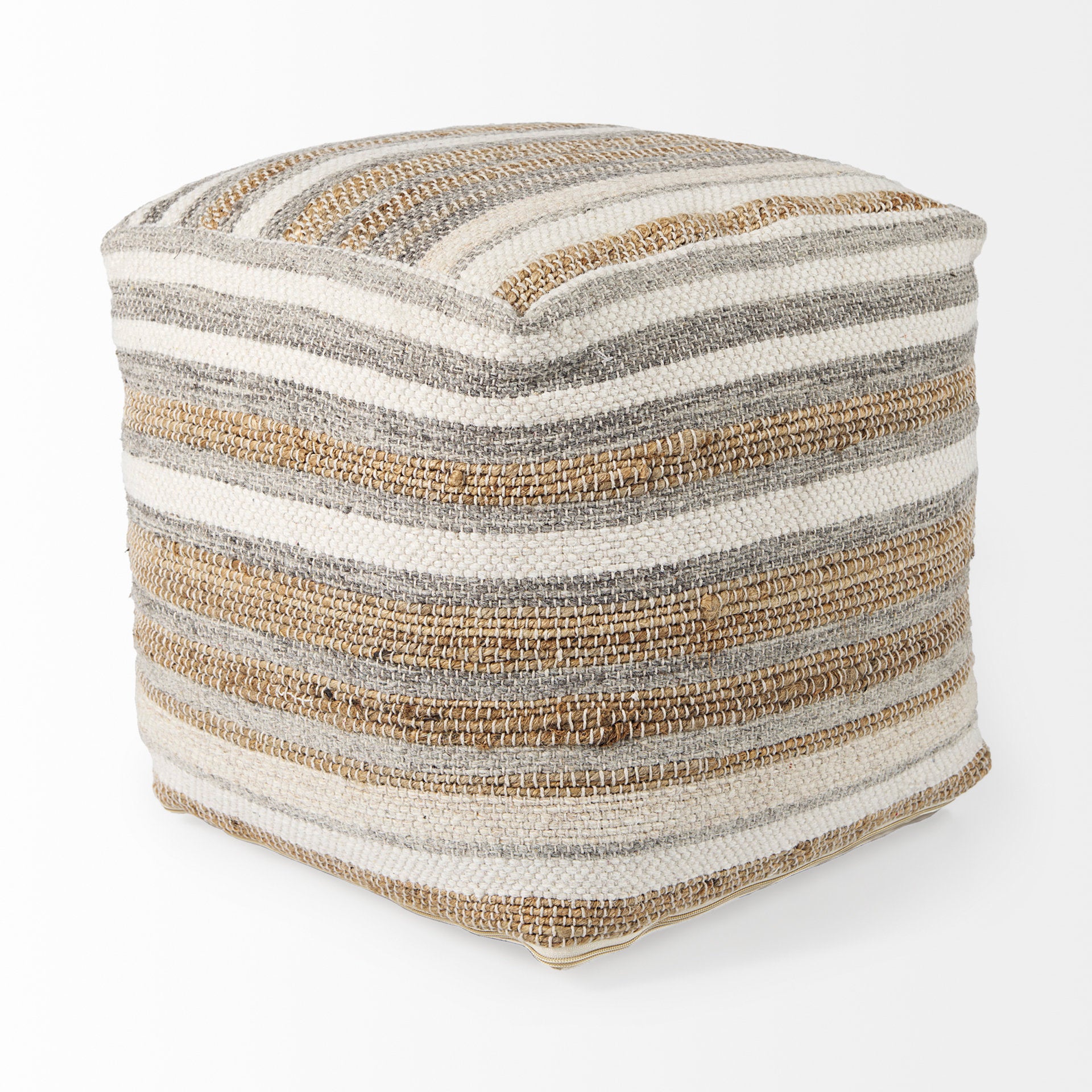 Aahana 16.0L x 16.0W x 16.0H White/Taupe/Gray Striped Hemp and Cotton Pouf