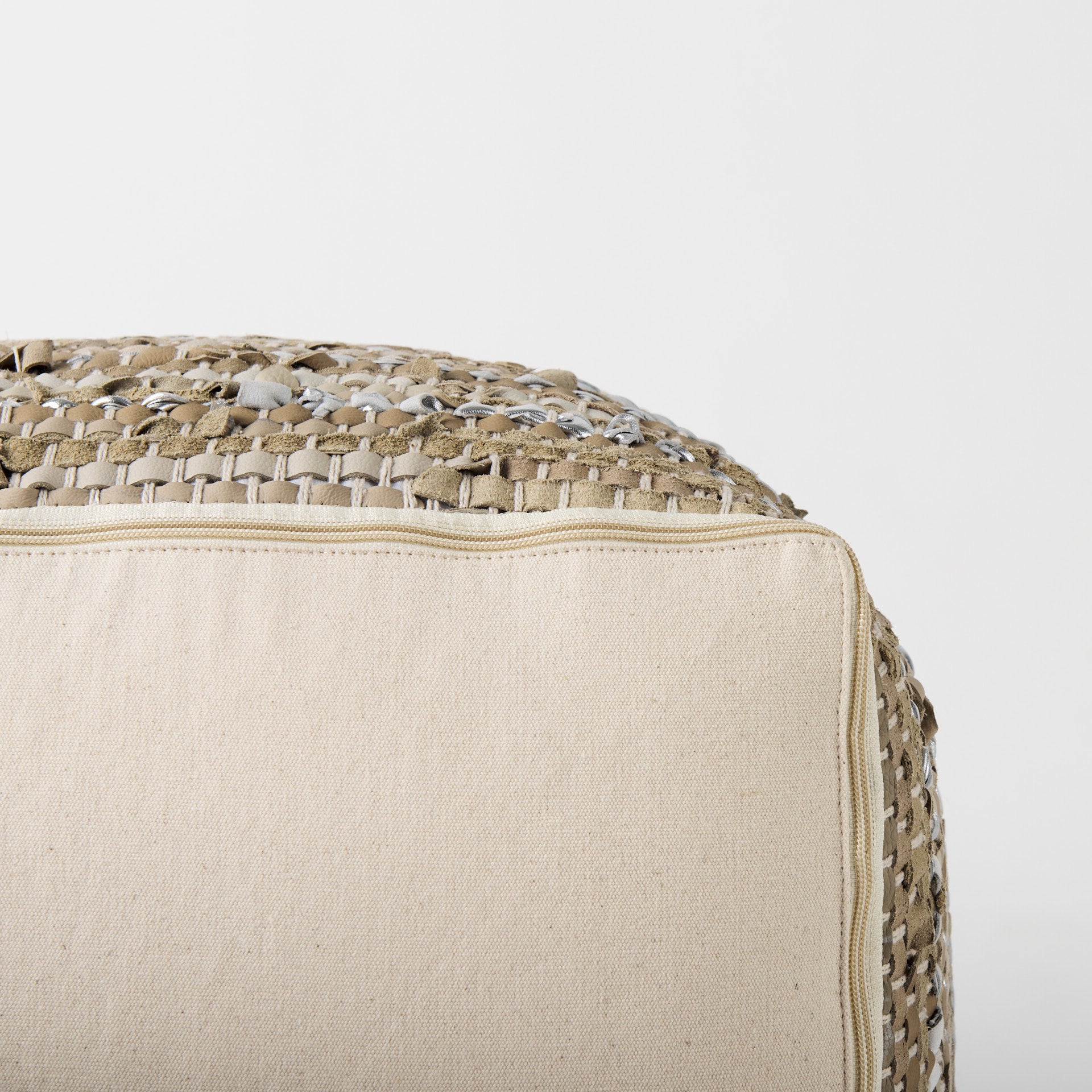 Aadhya 16.0L x 16.0W x 16.0H Taupe/Silver Leather and Cotton Pouf