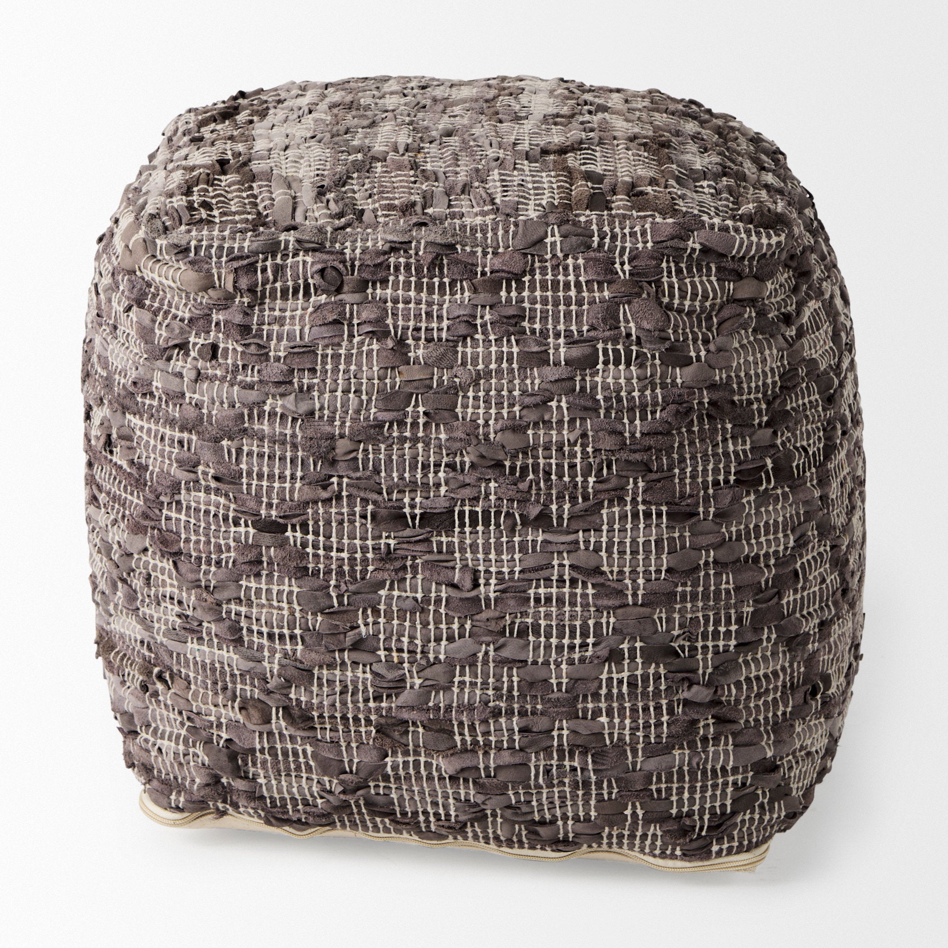 Falguni 16.0L x 16.0W x 16.0H Gray Leather and Cotton Patterned Pouf