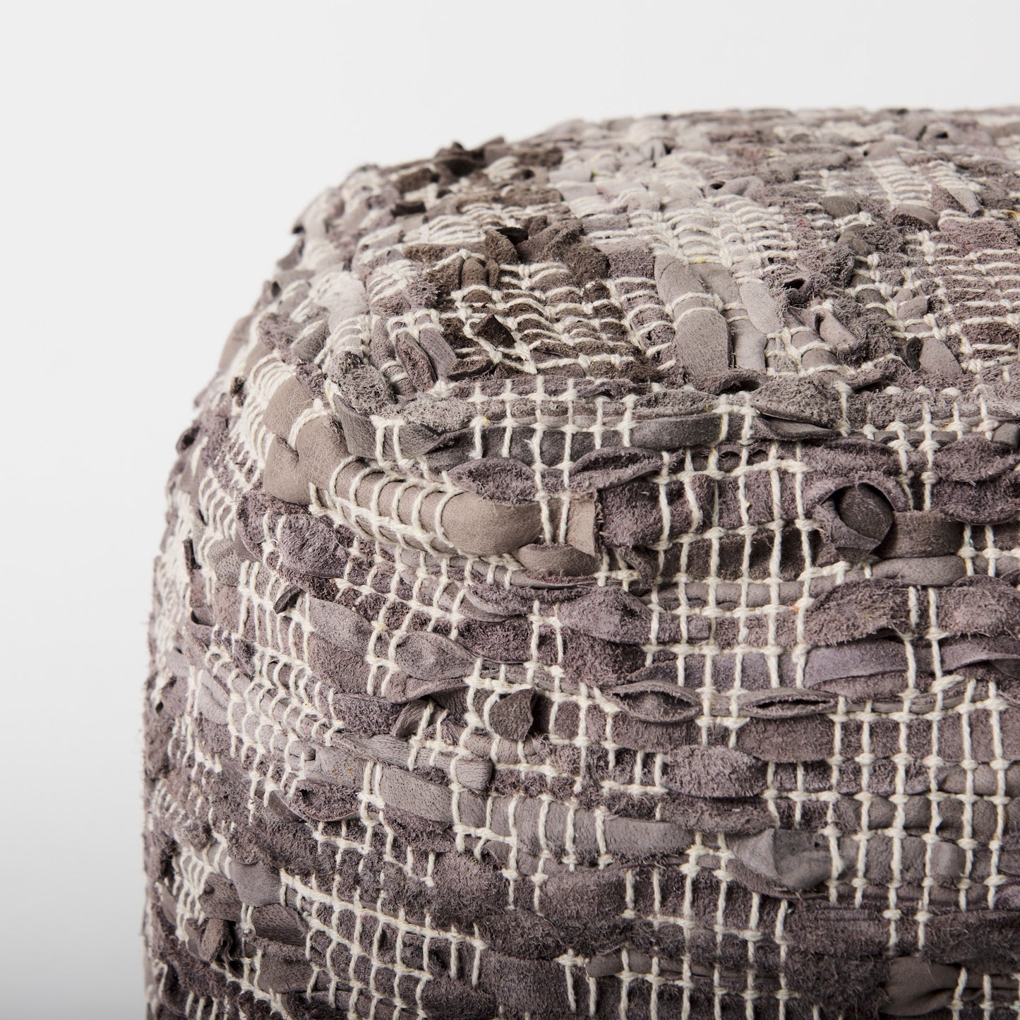 Falguni 16.0L x 16.0W x 16.0H Gray Leather and Cotton Patterned Pouf