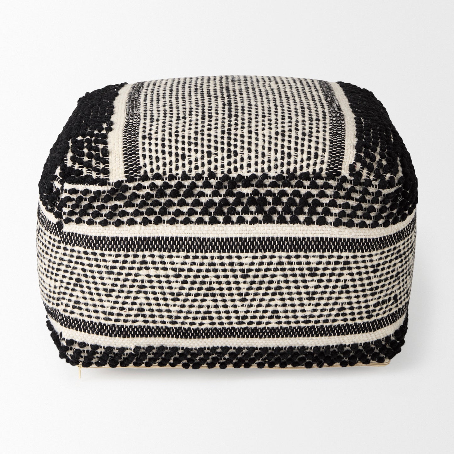 Garima  22.0L x 22.0W x 14.0H Black/White Wool and Cotton Patterned Pouf