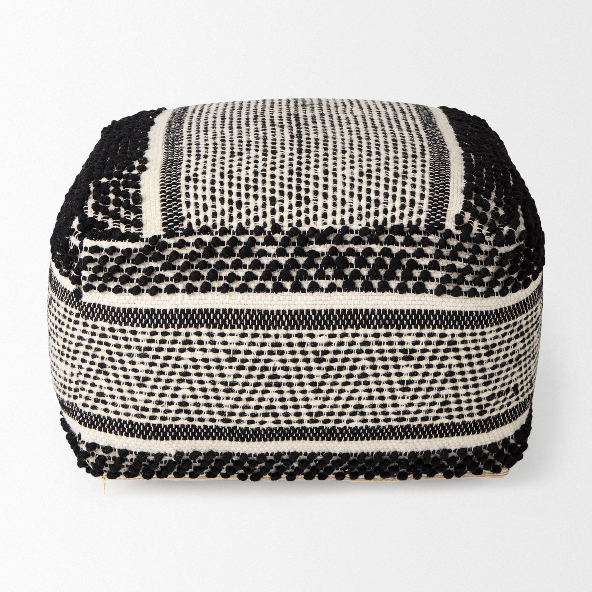 Garima  22.0L x 22.0W x 14.0H Black/White Wool and Cotton Patterned Pouf