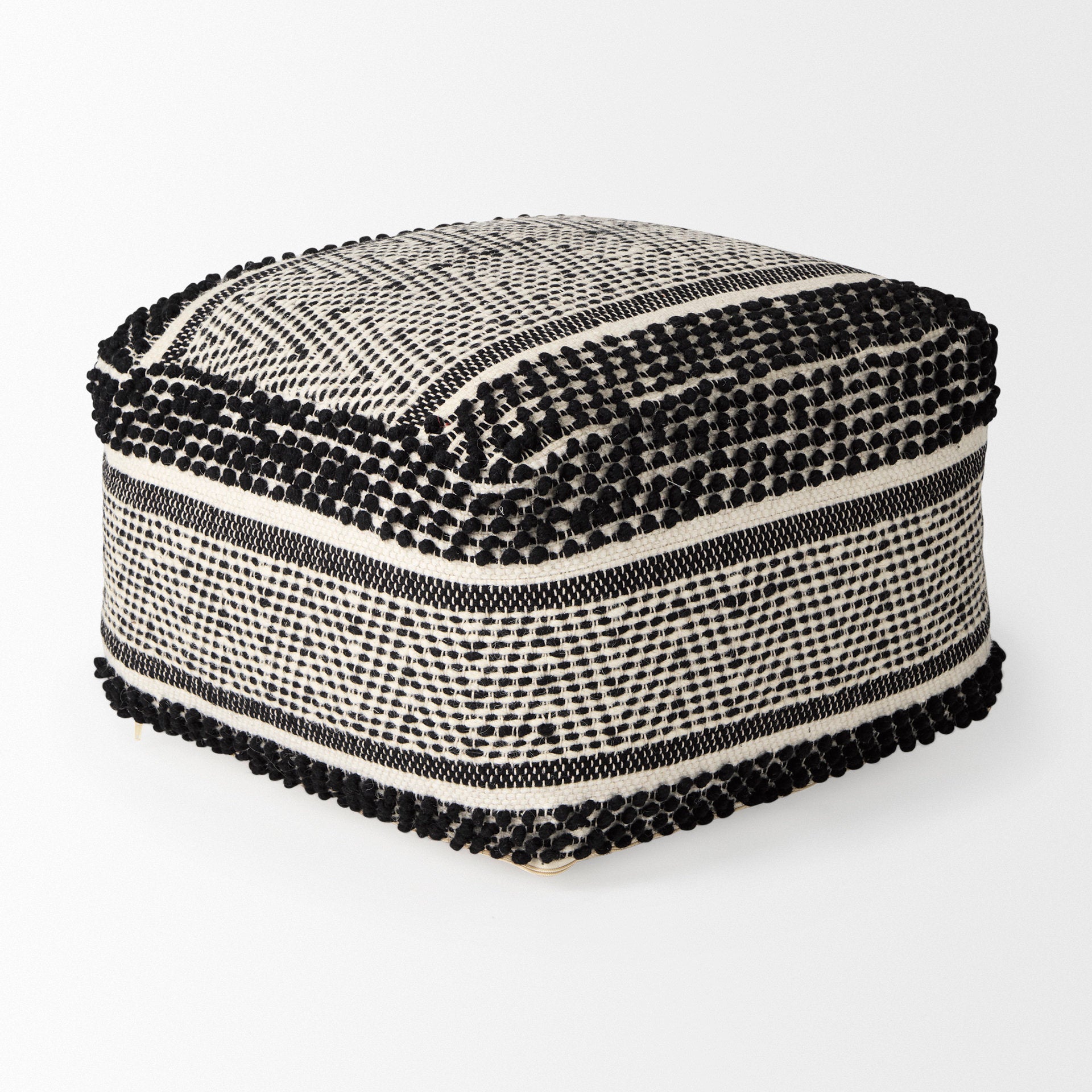 Garima  22.0L x 22.0W x 14.0H Black/White Wool and Cotton Patterned Pouf