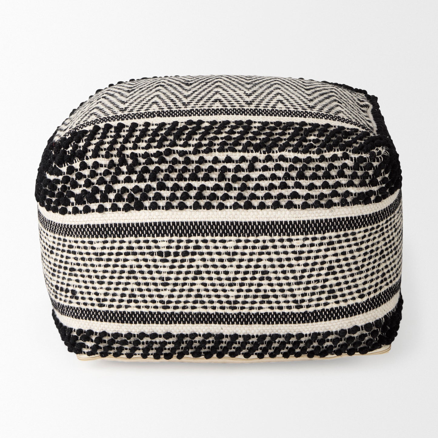 Garima  22.0L x 22.0W x 14.0H Black/White Wool and Cotton Patterned Pouf