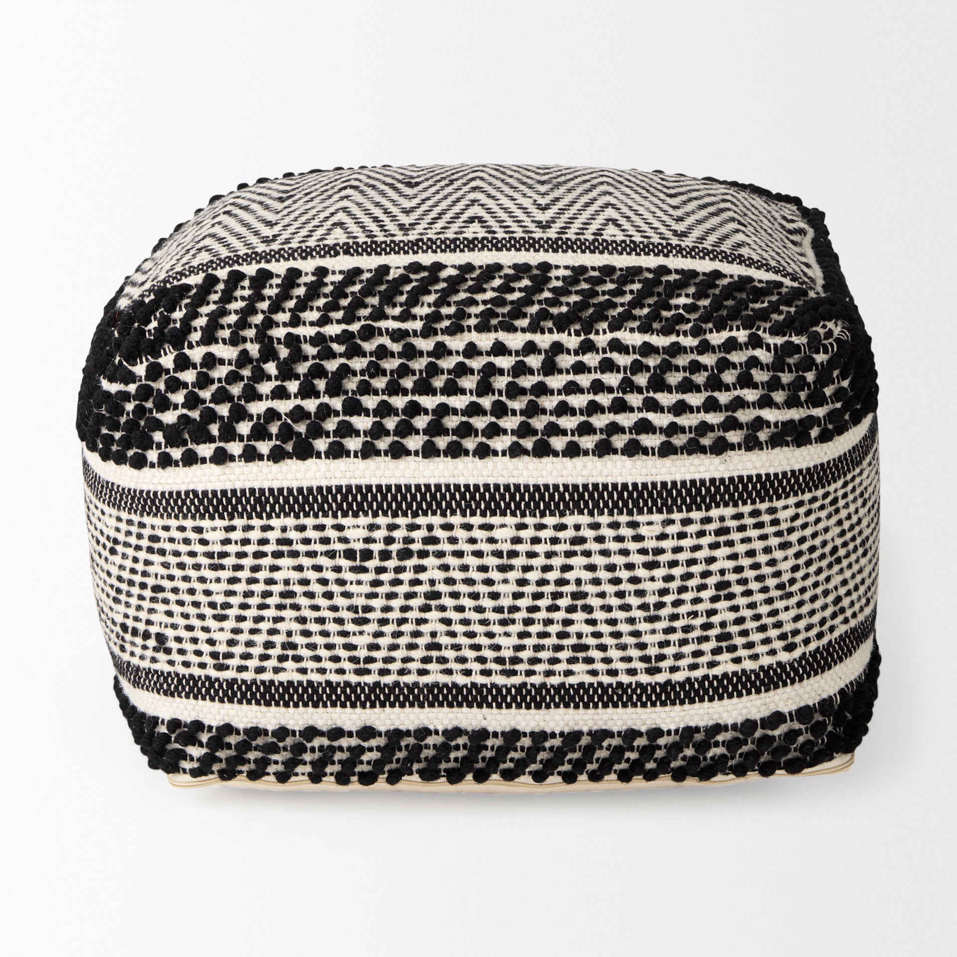 Garima  22.0L x 22.0W x 14.0H Black/White Wool and Cotton Patterned Pouf