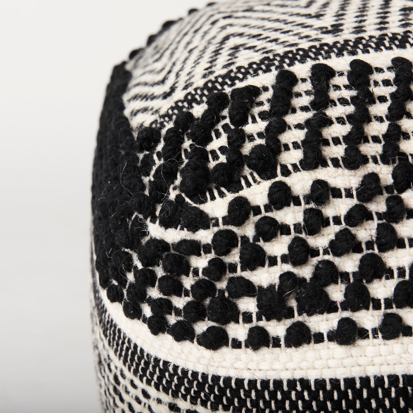 Garima  22.0L x 22.0W x 14.0H Black/White Wool and Cotton Patterned Pouf