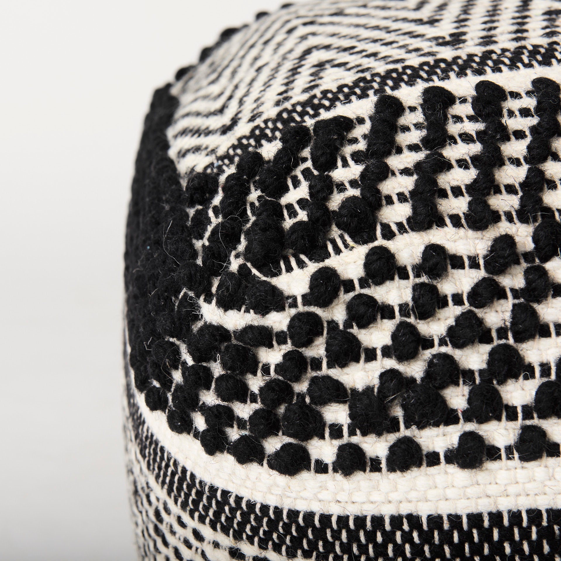 Garima  22.0L x 22.0W x 14.0H Black/White Wool and Cotton Patterned Pouf