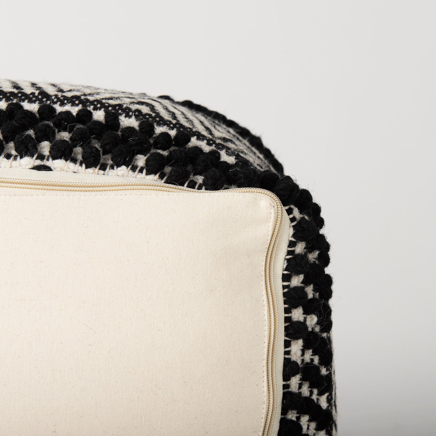 Garima  22.0L x 22.0W x 14.0H Black/White Wool and Cotton Patterned Pouf