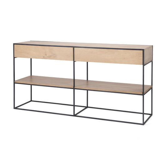 Morris 63.0L x 15.0W x 31.0H Beige Wood w/ Black Metal Frame 2 Drawer Console Table