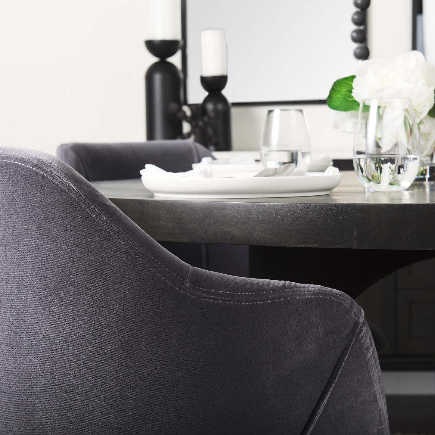 Ronald Dining Chair Gray Velvet | Black Wood (Armchair) - dining-chairs