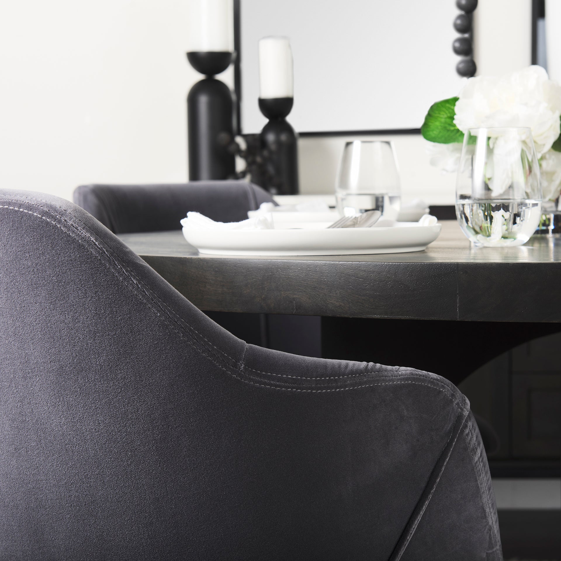 Ronald Dining Chair Gray Velvet | Black Wood (Armchair) - dining-chairs