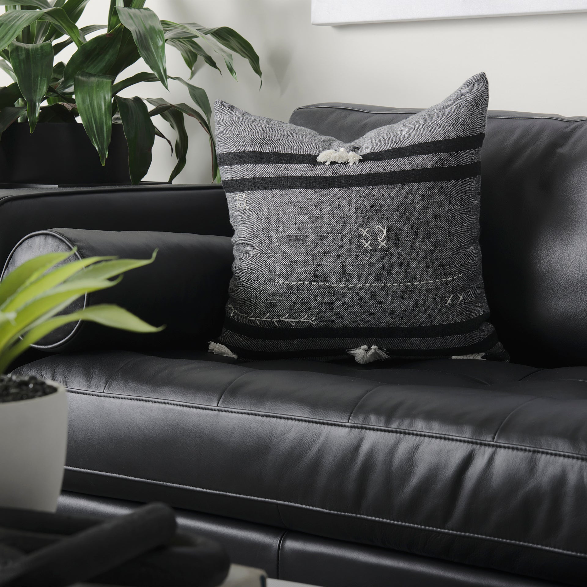 Sibyl 18L x 18W Black Fabric Striped and White Fringed Decorative Pillow Cover