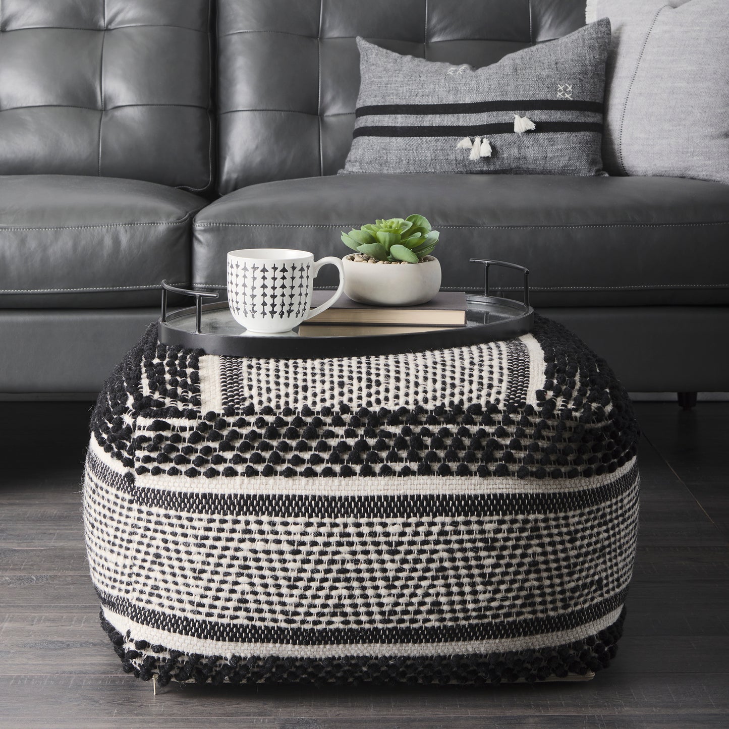 Garima  22.0L x 22.0W x 14.0H Black/White Wool and Cotton Patterned Pouf