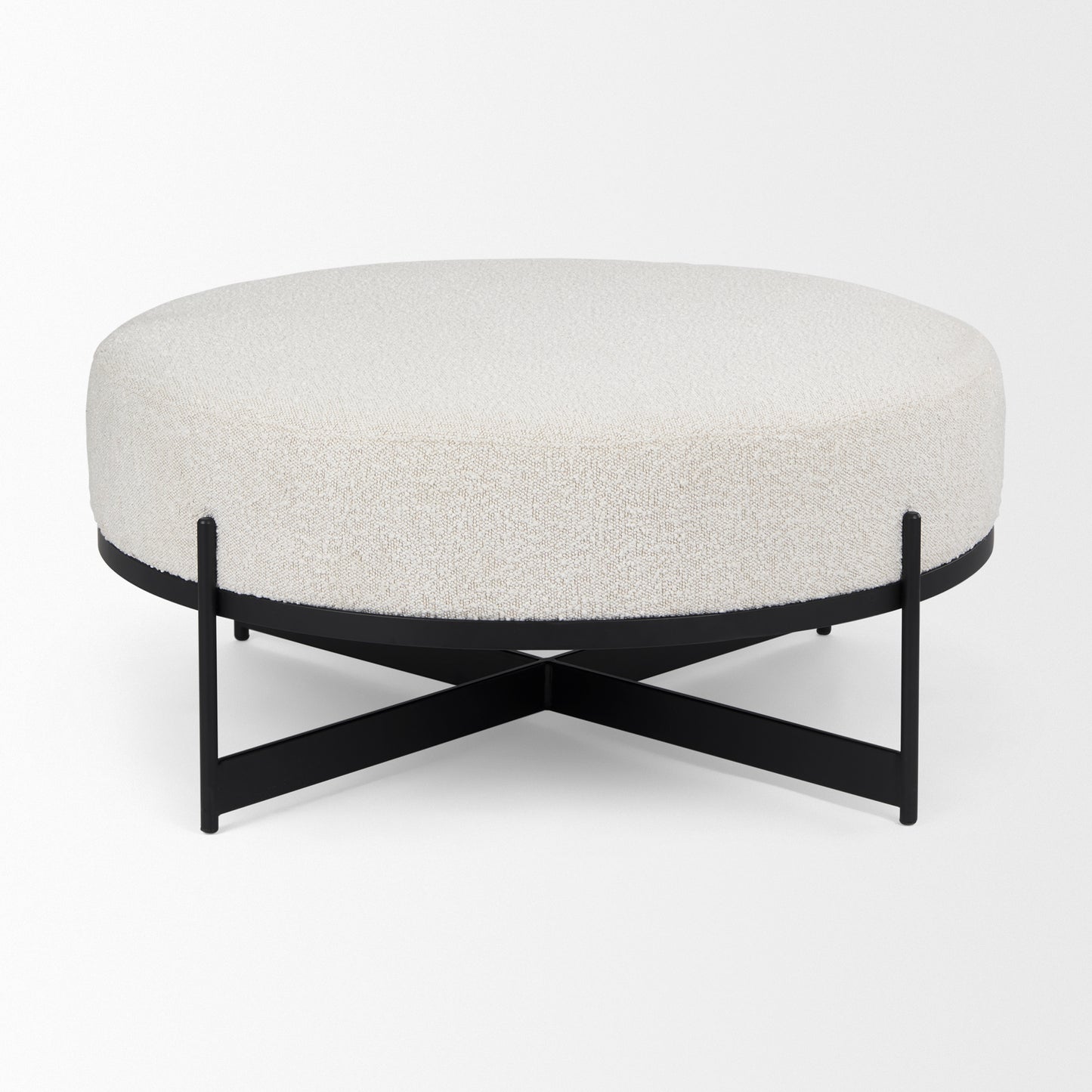 Amelia 35.8L x 35.8W x 17.5H Cream Boucle W/Black Metal Upholstered Ottoman