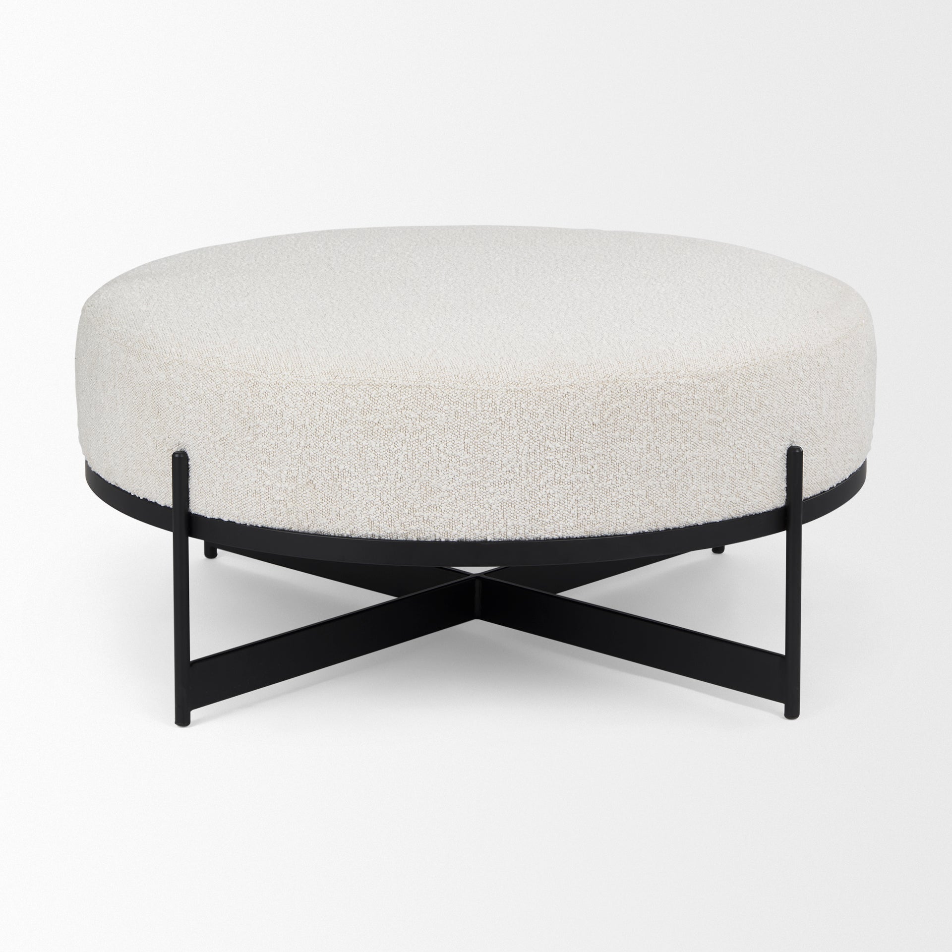 Amelia 35.8L x 35.8W x 17.5H Cream Boucle W/Black Metal Upholstered Ottoman