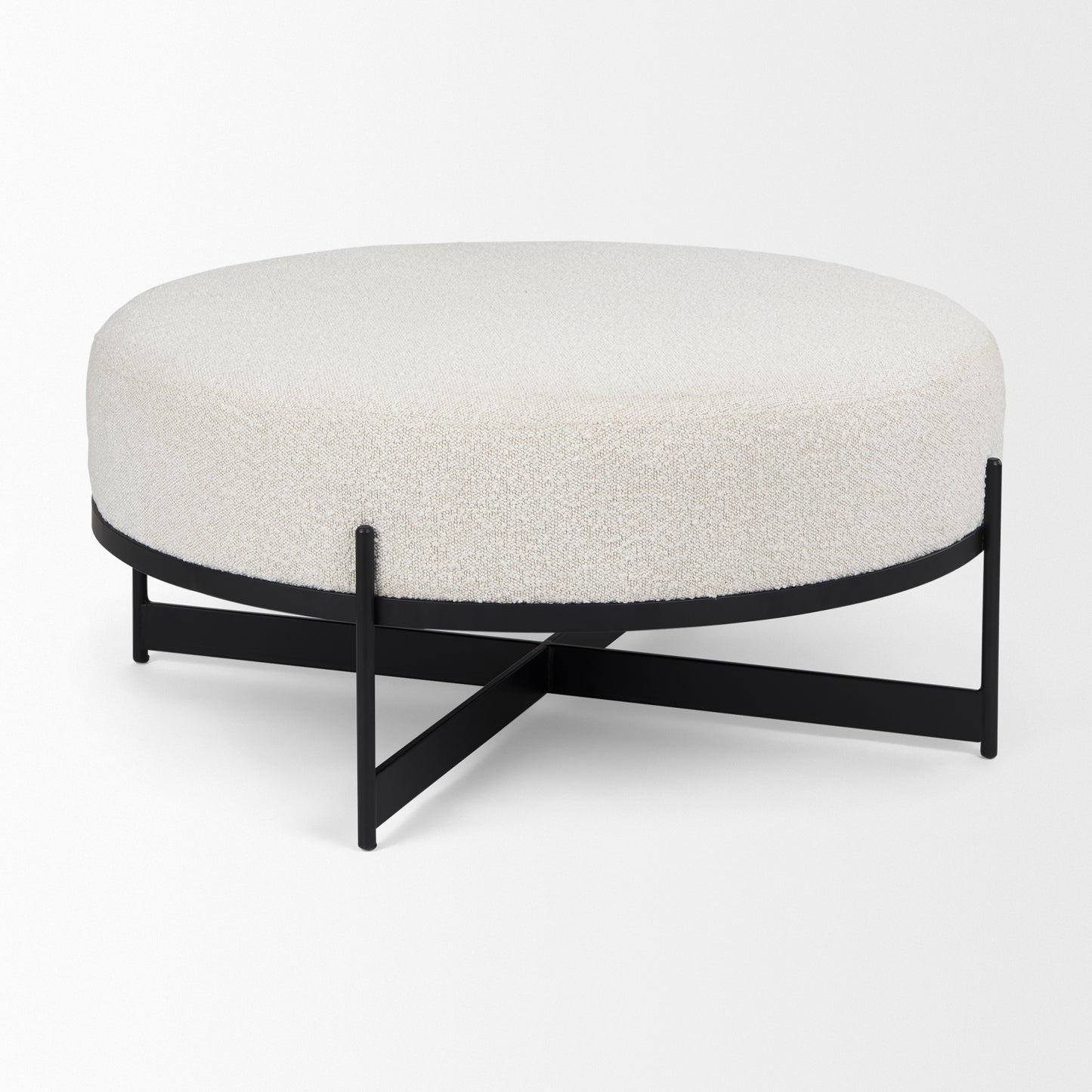 Amelia 35.8L x 35.8W x 17.5H Cream Boucle W/Black Metal Upholstered Ottoman