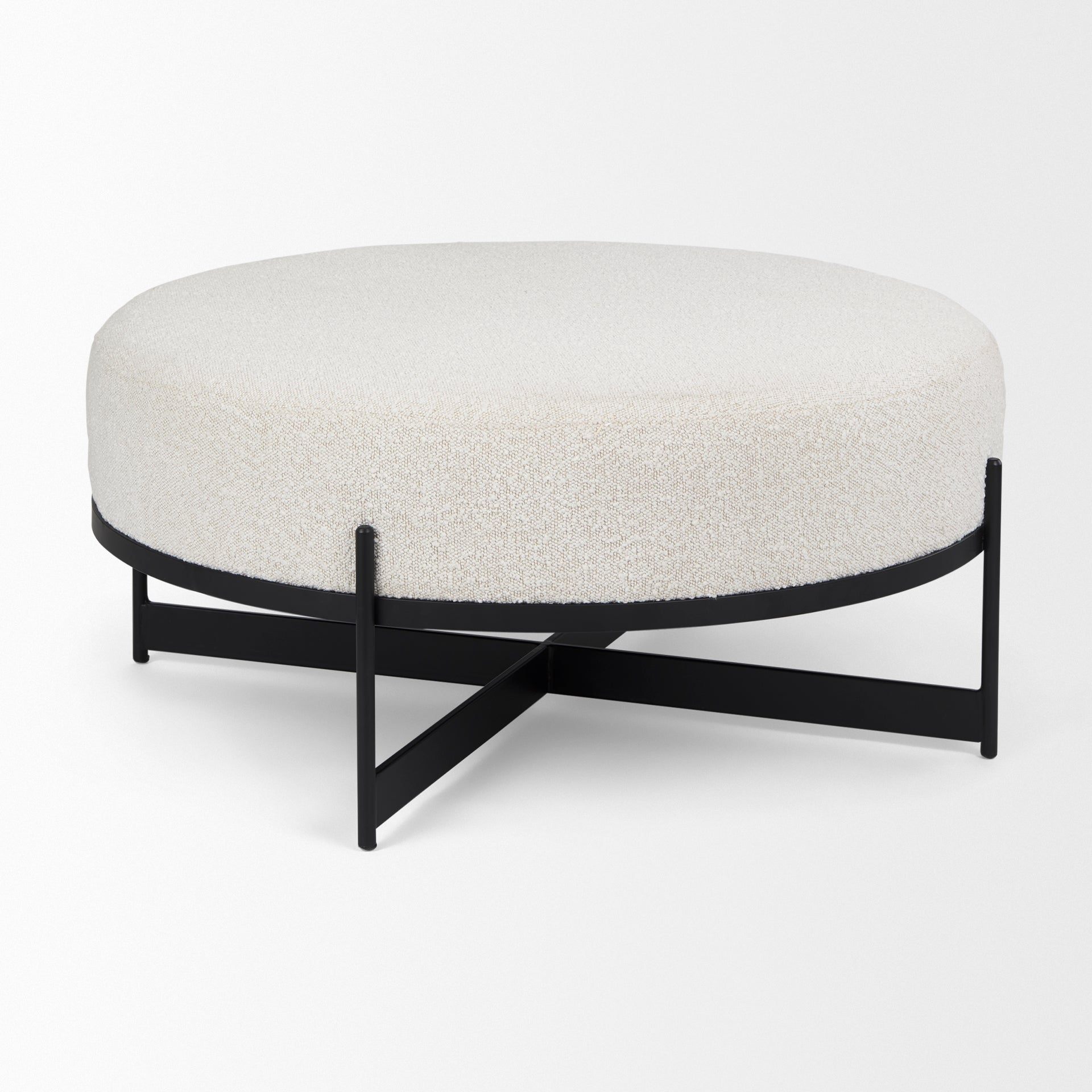 Amelia 35.8L x 35.8W x 17.5H Cream Boucle W/Black Metal Upholstered Ottoman