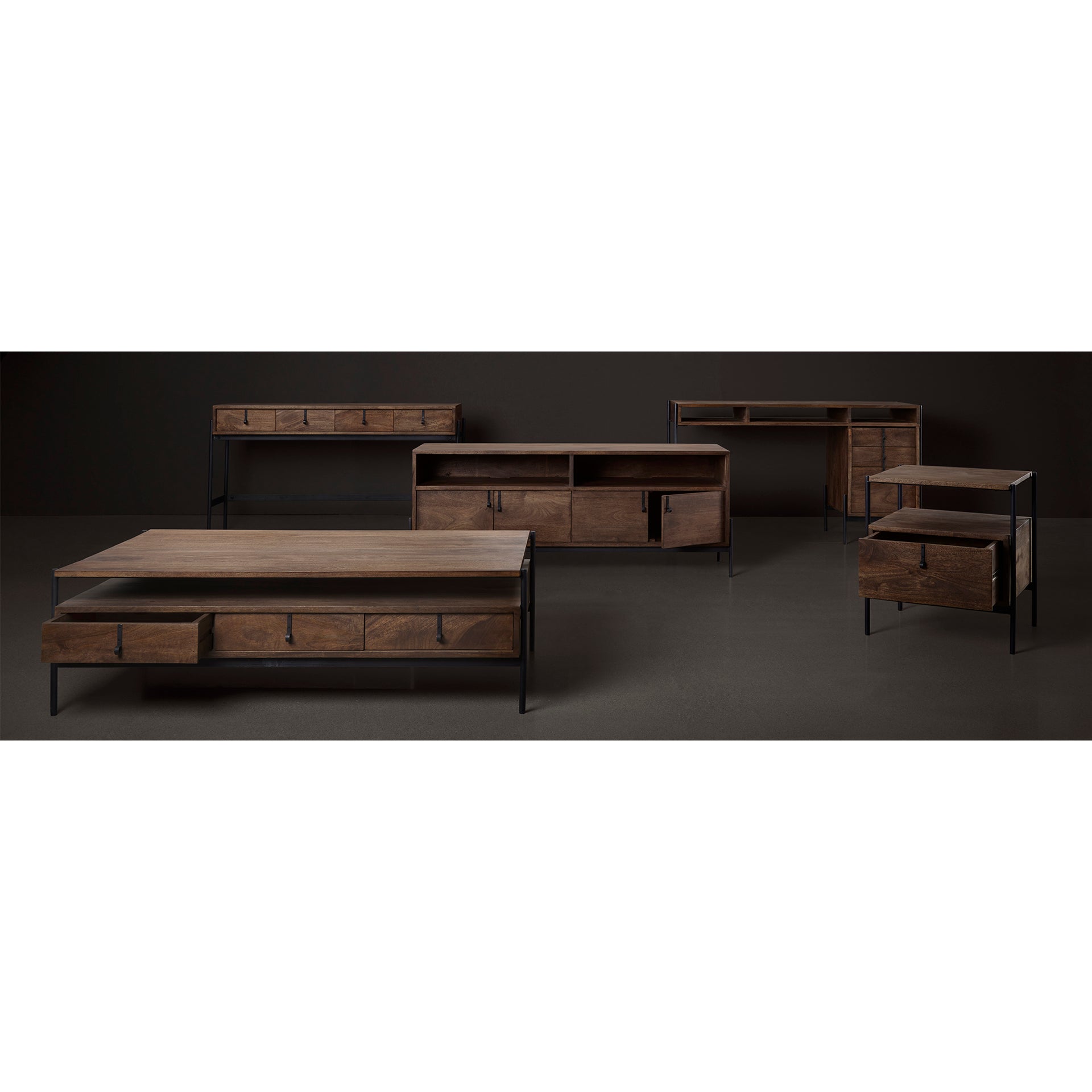 Glenn III 56L x 14W Dark Brown Wood w/ Black Iron Frame, 4 Drawer Console Table
