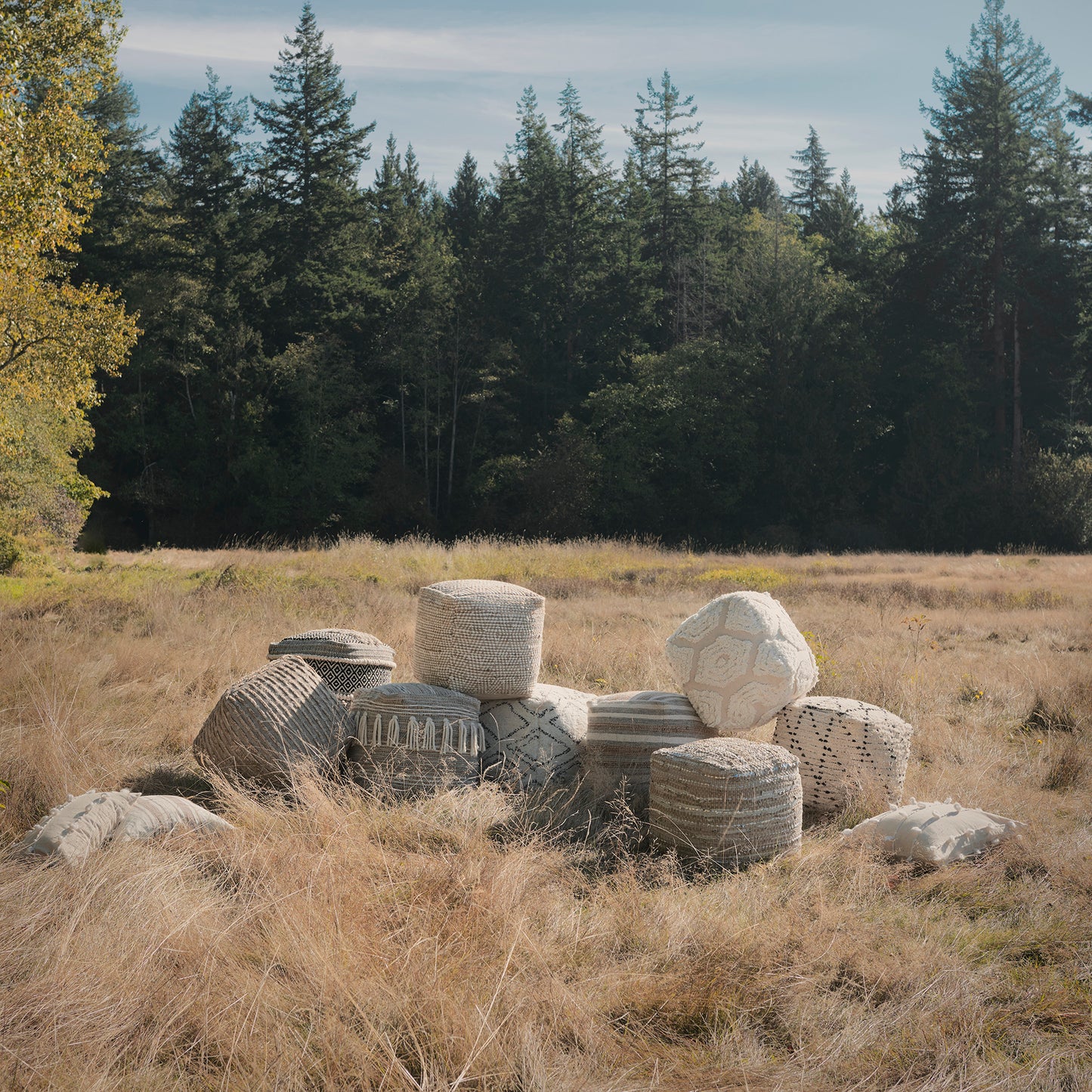 Aahana Pouf White/Taupe/Gray Hemp - poufs