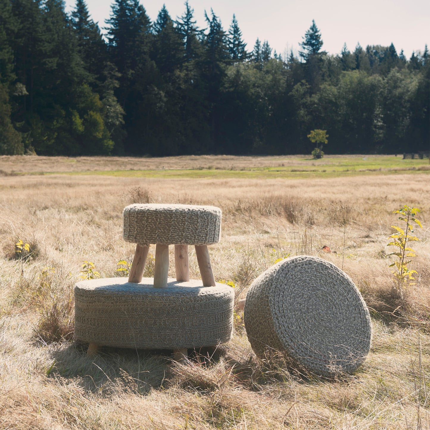 Bina Stool Dark Gray Wool | Brown Wood - ottoman-and-poufs