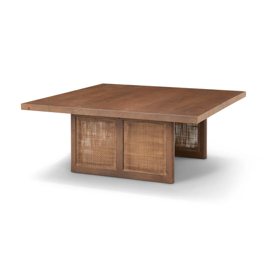 Grier  42" Square Medium Brown Solid Wood w/ Cane Coffee Table