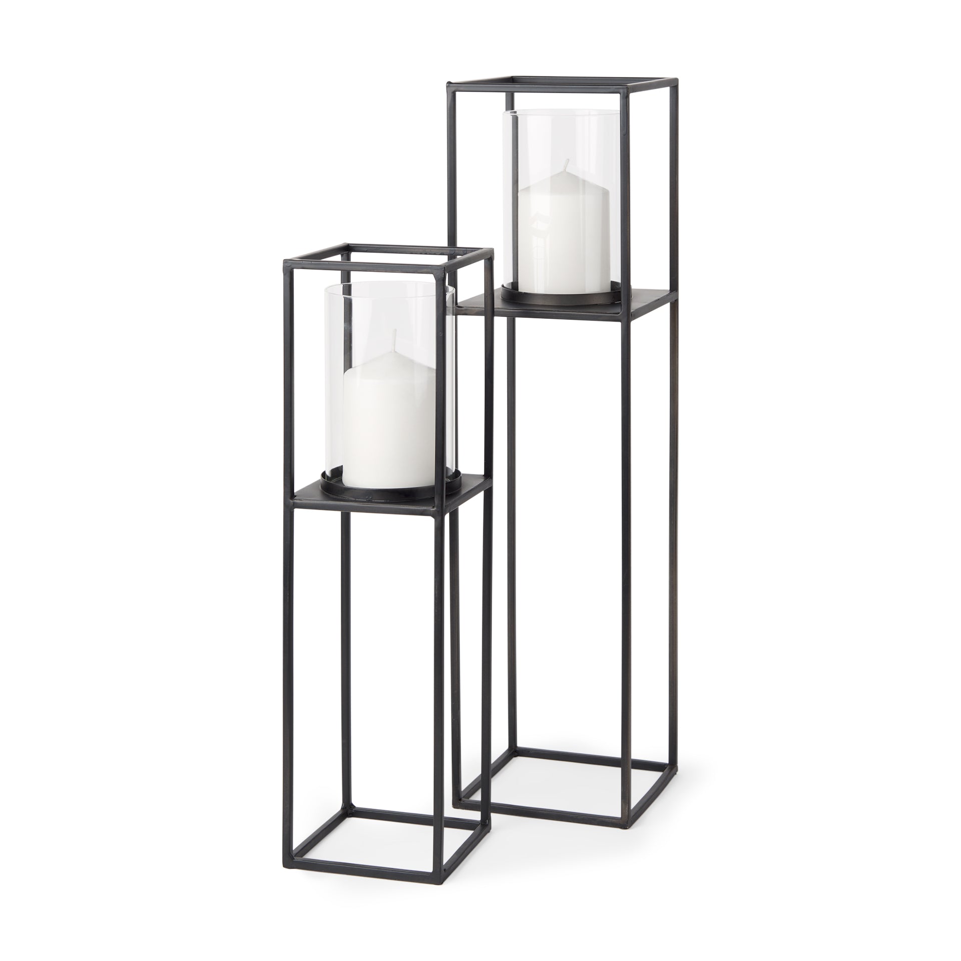 Cindy Set of 2 Matte Black Metal and Hurricane Glass Pillar Tabletop Candle Holders