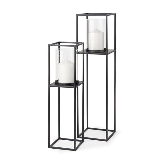 Cindy Set of 2 Matte Black Metal and Hurricane Glass Pillar Tabletop Candle Holders