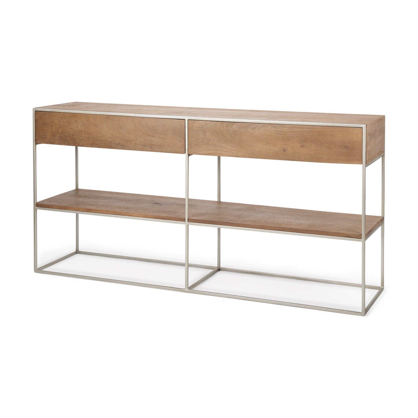 Morris I 63L x 15W x 31H Brown Wood w/ Silver Metal Frame 2 Drawer Console Table